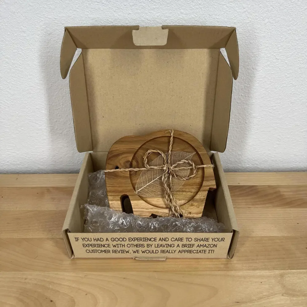 Wooden Elephant-Shaped Coaster Set of 3 Leave‎ Inlay Teak Wood NIB